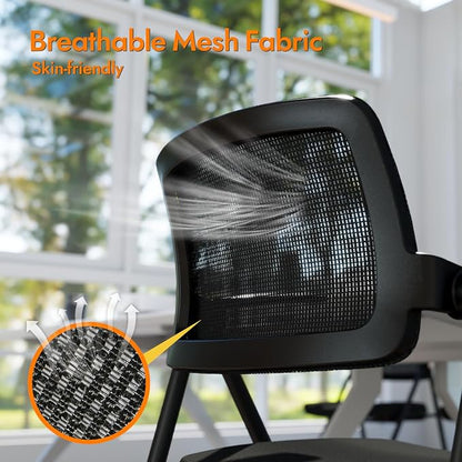 Stackable & Foldable Office Chair Set of 2, Folding Desk Chair with Flip-Up Armrest, Breathable Mesh, Thick Seat Cushion & Rocking Backrest, Conference Room Chair with Wheel (Black)