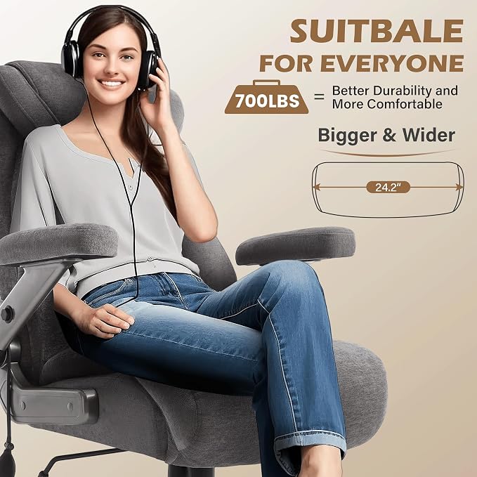 Fabric 700lbs Big and Tall Office Chair, Ergonomic Heavy Duty Executive Cloth Office Chair with 5D Flip Arms & Adjustable Lumbar Support & Dual Rubber Wheel, Large Thick Padded Extra Wide Seat, Grey