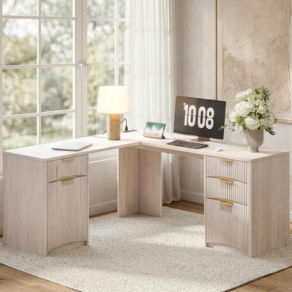 Whalefall 63'' Fluted L Shaped Desk with Drawers, White Alder | Corner Computer Desk with Charging Station, Modern Executive Home Office L Desk with File Cabinet Storage