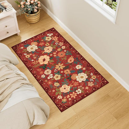 DUKINO 2x4 Rug for Entryway, Washable Kitchen Floral Runner Rug with Non Slip Backing, Low Pile Soft Boho Carpet for Kitchen, Hallway, Entryway, Laundry, Bedroom, Red