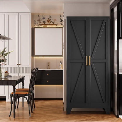 QINPTWUT 71" Metal Storage Cabinet with Doors and Shelves, Tall Pantry Cabinet in Black with 2 Doors & 4 Adjustable Shelves, All-Steel Farmhouse Cupboard for Kitchen, Living Room,Home Office,Garage