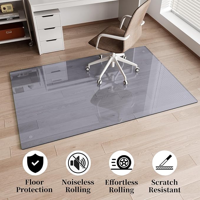 Glass Chair Mat 30" x 55" Heavy Duty Tempered Glass Office Chair Mat, Glass Floor Mat with Round Corner and Polished Edge for Smooth Glide, Carpet Hardwood Floor Protector, Grey