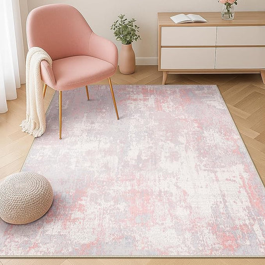 RELEANY Washable Area Rugs 4'x5' Non-Slip Modern Abstract Soft for Living Room Entryway Bedroom Kitchen, Print Pattern, Grey Pink