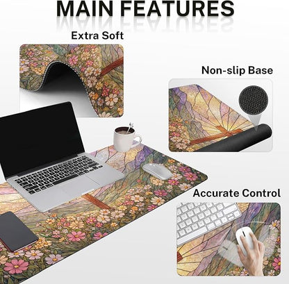 Britimes Cross Religious Wildflower Keyboard Mouse Pad Set Colorful Floral 4in1 Large Mousepad+Keyboard Wrist Rest+Mouse Wrist Rest+Coaster Ergonomic Design for Home Office Computer 35.4x15.7 inches