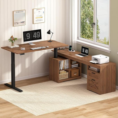YOMILUVE Farmhouse L Shaped Standing Desk, 66 inch Corner Electric Standing Desk with Drawers ＆ Storage Shelves, Height Adjustable Computer Desk with Power Outlets for Home Office (Brown)