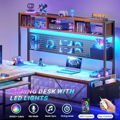 SEDETA L Shaped Computer Desk, Reversible Corner Desk with Power Outlet and Pegboard, Computer Desk with Led Lights, Keyboard Tray, Headphone Hook and Storage Shelves, Rustic Brown