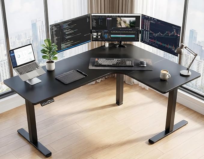 HUANUO 63″ L-Shaped Standing Desk, Built-in Power Outlets, Electric Height Adjustable Corner Computer Desk, Large Power Strip Holder, Sit Stand Up Desk with 3 Preset Heights, Black