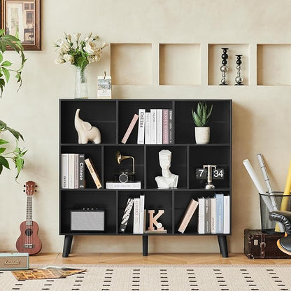 LEYAOYAO 10 Cube Bookshelf,3 Tier Modern Wide Bookcase with Legs,Mid-Century Wood Bookshelves Storage,Black Large Book Case,Freestanding Organizer Display Shelf for Bedroom,Living Room,Office
