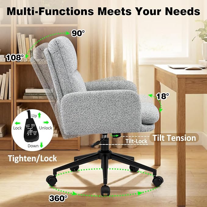 Comfortable Ergonomic Office Chair, Upholstered Desk Chair with Double-Layer Cushioning, Adjustable Height Swivel Task Chair with Padded Armrests, Rolling Wheels and Metal Base, Light Grey