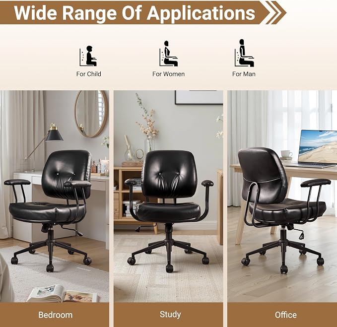 Ergonomic Home Office Chair, Mid-Century Faux Leather Home Office Desk Chairs with Wheels, Office Computer Chair with Rocking Swivel (Black,PU Leather)