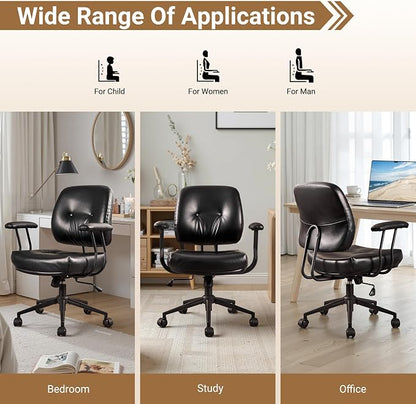 Ergonomic Home Office Chair, Mid-Century Faux Leather Home Office Desk Chairs with Wheels, Office Computer Chair with Rocking Swivel (Black,PU Leather)
