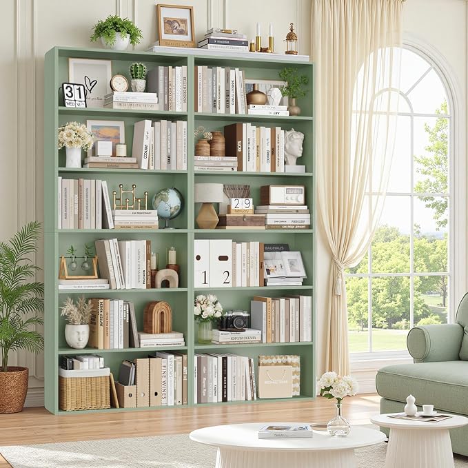 FOTOSOK 6-Tier Open Bookcase and Bookshelf, Freestanding Display Storage Shelves Tall Bookcase for Bedroom, Living Room and Office,Green Set of 2