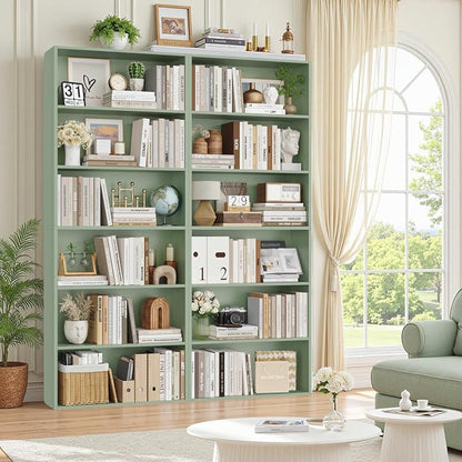 FOTOSOK 6-Tier Open Bookcase and Bookshelf, Freestanding Display Storage Shelves Tall Bookcase for Bedroom, Living Room and Office,Green Set of 2