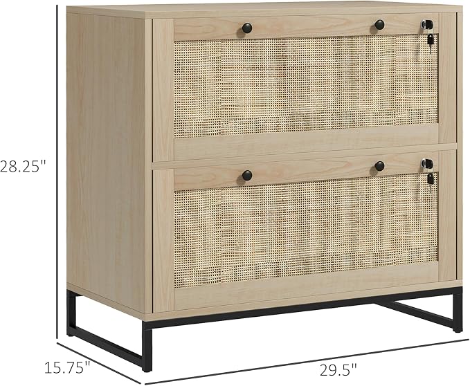 Vinsetto 2 Rattan Drawer File Cabinet with Lock, Lateral Filing Cabinet with Adjustable Hanging Bar for Letter, A4 and Legal Size Files, Printer Stand for Home Office, Natural