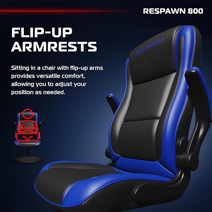 RESPAWN 800 Swivel Rocker Gaming Chair - Ergonomic Floor Gaming Seat with Lumbar Support, Flip Up Armrest, High Back, Pedestal Base, Comfortable No Wheels Console Video Game Rocker Chair - Blue