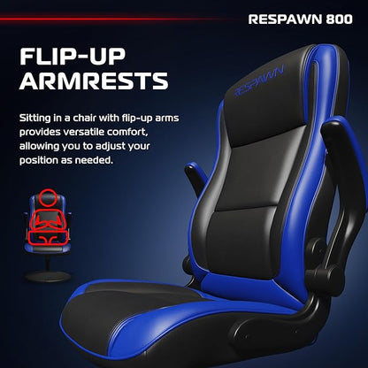 RESPAWN 800 Swivel Rocker Gaming Chair - Ergonomic Floor Gaming Seat with Lumbar Support, Flip Up Armrest, High Back, Pedestal Base, Comfortable No Wheels Console Video Game Rocker Chair - Blue