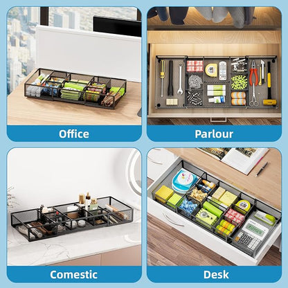 Marbrasse Expandable Desk Drawer Organizer, Mesh Drawer Organizer Tray with 10 Adjustable Compartments, Desk Organizers and Accessories for Office Supplies (Longer Expandable Drawer Organizer-B)