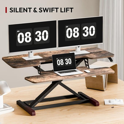 SANODESK 42" Extra Large Standing Desk Converter, Effortless Lift Sit-Stand Riser, Heavy Duty Multi-Device Workstation, Spacious Ergonomic Desktop Riser, Rustic Brown