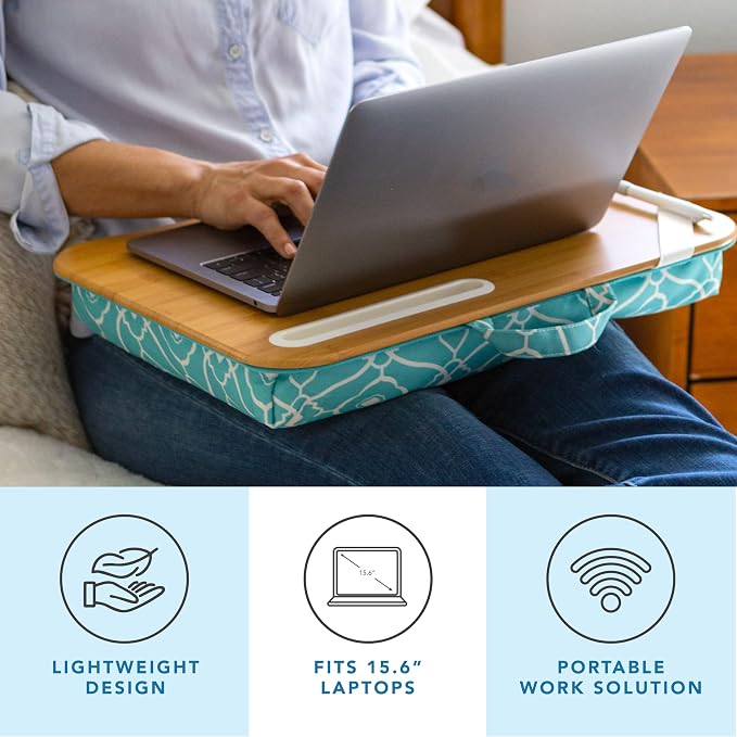 LAPGEAR Designer Lap Desk 2-Pack with Storage Basket, Phone Slot & Device Ledge – Aqua Trellis – Fits Laptops up to 15.6" – Style No. 70422