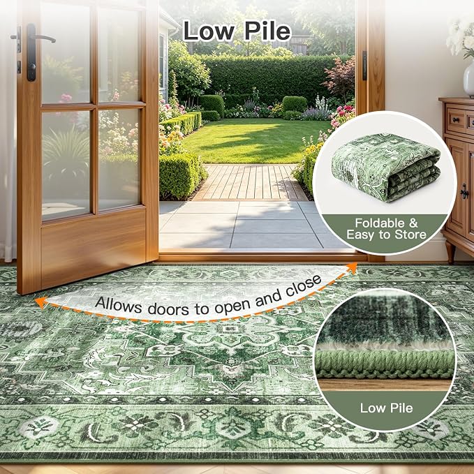 Lofus 8x10 Washable Rugs Non-Slip, Vintage Floral Area Rug for Living Room Bedroom Dining Room Kitchen, Low Pile Distress Print Medallion Carpet Home Decor Rug, Floral Sage Green