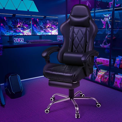 Shahoo Gaming Chair with Footrest and Massage Lumbar Support, Computer Game Chairs Ergonomic Office Seat Height Adjustable with Headrest, Black