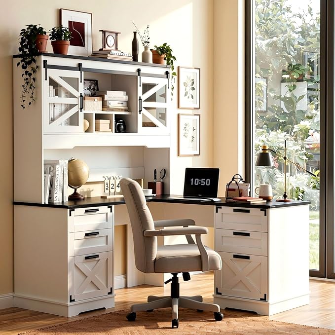 VOWNER Farmhouse L Shaped Executive Desk with Hutch and 6 Drawer, 57" Home Office Desk with Power Outlet and 2 File Drawers, Corner Computer Desk with Storage Shelves and Sliding Door for Home Office