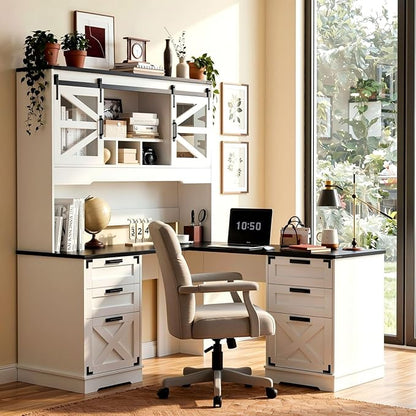VOWNER Farmhouse L Shaped Executive Desk with Hutch and 6 Drawer, 57" Home Office Desk with Power Outlet and 2 File Drawers, Corner Computer Desk with Storage Shelves and Sliding Door for Home Office