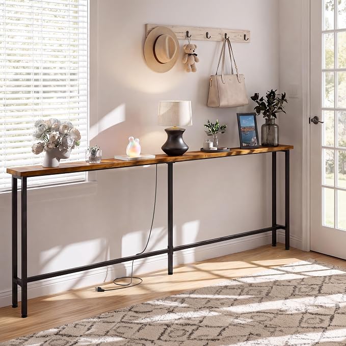 GRLEAF 63" Narrow Console Sofa Table with Built-in Power Strip (2 AC Outlets & 2 USB Ports) – 4.9ft Power Cord, Metal Frame, Easy Assembly, Ideal for Behind Couch, Hallway, and Office | Rustic Brown