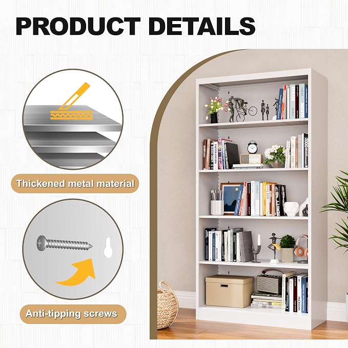 VASAAOSD 66" Tall Metal Bookcase, 5 Shelf White Bookcase with Adjustable Shelves, Large Bookshelves and Bookcases, Modern Book Shelf Storage Organizer for Living Room, Home Office, Library