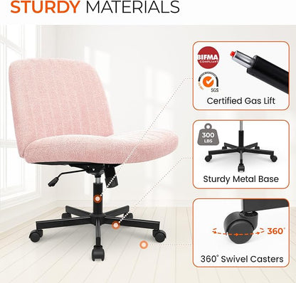 Orange Factory Criss Cross Chair Wheels Wide Cross Legged Office Desk Vanity Chair Comfy Fabric Armless Adjustable Swivel for Home Computer Task (Pink Wheel, Fabric)