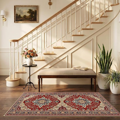 RELEANY Area Rugs Runner 2'6"x5' Washable Non-Slip, Floral Vintage Distress Medallion Carpet for Kitchen Hallway Bedroom Beside Laundry Room Bathroom, Red Blue