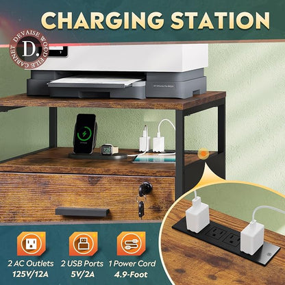 DEVAISE 2 Drawer File Cabinet with Lock, Charging Station & Adjustable Shelf, Rustic Wood Filing Cabinet, Mobile Printer Stand for A4/Letter Size Home Office, Brown