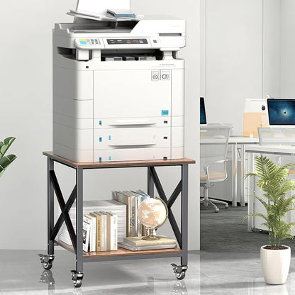 Printer Stand, 23.6 x 23.6 Inches Large Printer Stand with Storage Shelf, 2 Tier Printer Table for Home Office, Rolling Printer Cart with Industrial Wheels, Mini Fridge Stand Table, Vintage Brown