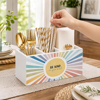Boho Sunshine Mental Health Pen Holder for Desk, Inspirational Be Kind to Your Mind Wooden Box Sign Desk Decor for Classroom Home Office Decoration, Colorful Sun Pencil Organizer