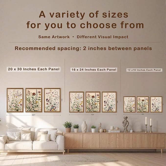 WRFON Botanical and Flower Canvas Wall Art, Framed Wildflower Wall Art Set of 3, Vintage Meadow Flower Canvas Prints, Cottagecore Floral Decor for Living Room Bedroom Bathroom Farmhouse Home, 12x16