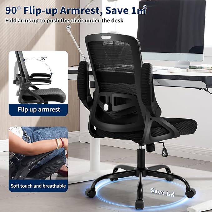 Ergonomic Office Chair, Desk Chair with Adjustable Lumbar Support, Breathable Mesh Comfy Computer Chairs with Flip-up Armrests Executive Task Chair for Adults Home Office (2Pcs)
