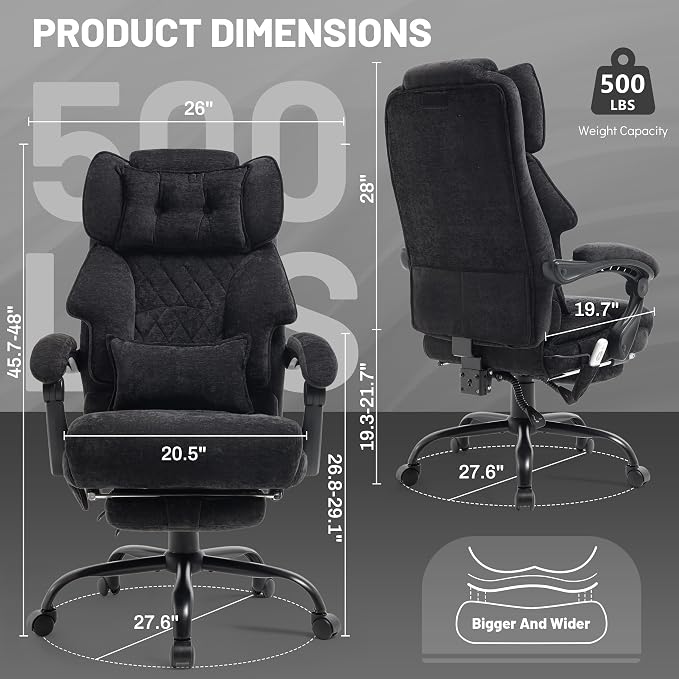 Office Chair with Foot Rest,3D Kneading Massage & Heat Executive Office Chairs for Heavy People,500LBS Big and Tall Office Chair,Ergonomic Desk Chair,Home Office,Dual-Use Pillow,BlackCloth