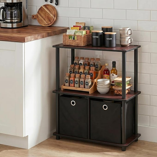 Furinno TURN-N-TUBE Storage Shelves, 3-Tier Toolless Book Shelf with Storage Bins, Display Shelf, for Organization and Storage, Living Room, Garage, Home Office, Dark Cherry