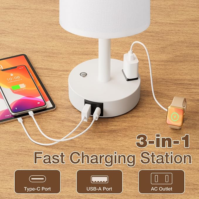 Touch Bedside Table Lamp with Memory - Stepless Dimmable Lamp for Bedroom, Small Nightstand Lamp with Dual USB Charging Ports and AC Outlet, Wood Night Light, Desk Lamp for Nursery (White & White)