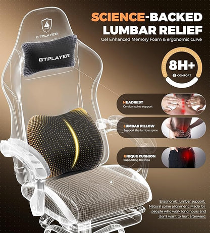 GTPLAYER Gaming Chair with Foot Rest & Pocket Spring Cushion, Ergonomic High Back Computer Desk Chair with Headrest & Lumbar Support for Back Pain Relief, Breathable Fabric, Black