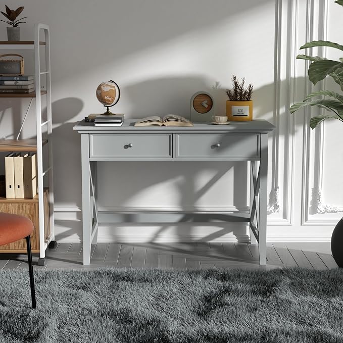 Lewahom Computer Desk with 2 Drawers, Elegant Home Office Writing Study Desk with Storage, Modern Simple Vanity Desk Console Table for Living Room, Grey