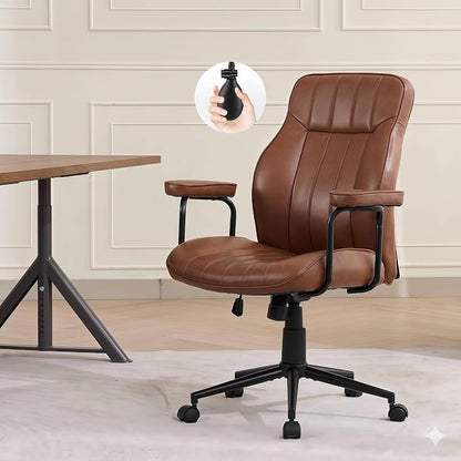 Mid Century Modern Office Chair with Inflatable Lumbar Support, Ergonomic Brown PU Leather Desk Chair with Arms, Height Adjustable Swivel Executive Computer Chair for Home Office (Brown)