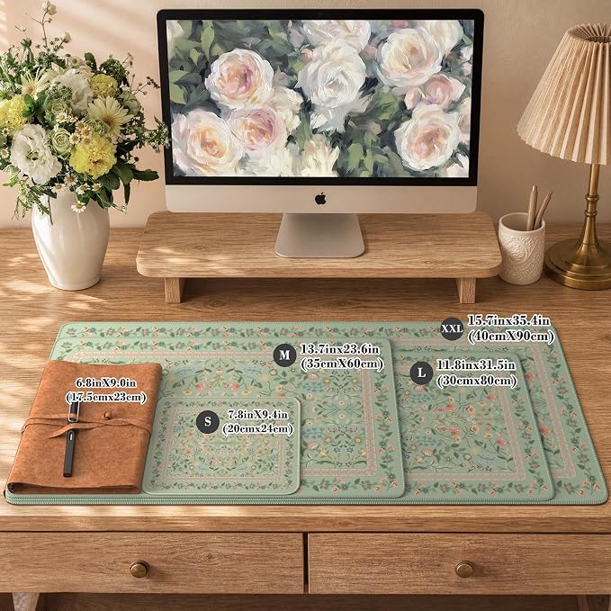 iCasso Aesthetic Floral Desk Mat, L Mouse Pads, Anti-Slip Mousepad with Stitched Edges, Waterproof Computer Pad 11.8"x31.5", Desk Accessories Office Decor for Women(Light Green)