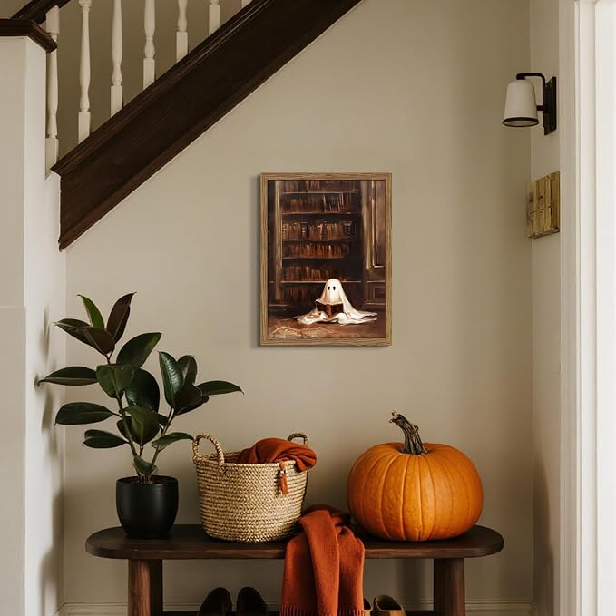 Framed Vintage Library Ghost Wall Art - Ghost Reading Canvas Print Halloween Decor, Gothic Victorian Dark Academia Halloween Wall Decor for Bedroom Office 12x16 inch Wood Frame