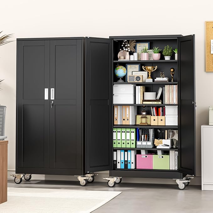 pozdeg 73.6" Metal Garage Storage Cabinets with Wheels, Lockable Rolling File Cabinets with 2 Doors and 5 Adjustable Shelves, Steel Tool Organizer Locker for Office Home Garage Gym School, Black
