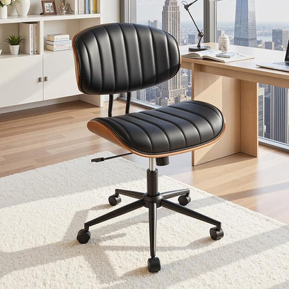 Home Office Desk Chair with Wheels, Adjustable Height Armless Desk Chairs, PU Leather Mid Back 360° Small Computer Chair for Study Meeting Makeup Room (Black Stripe)