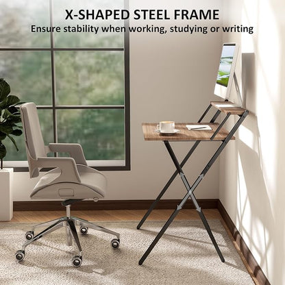 HOMCOM Small Folding Desk, 27.6 Inch Foldable Computer Desk with Monitor Shelf, Space Saving Portable Writing Table for Small Spaces, Home Office, Study, Easy Assembly, Walnut
