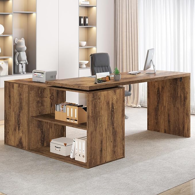 HSH L Shape Home Office Desk with Drawers, L-Shaped Computer Desk with Storage Cabinet Shelves, Wood Executive Desk for Writing Work, Reversible Study Table in Bedroom Living Room, Rustic Brown, 55 In