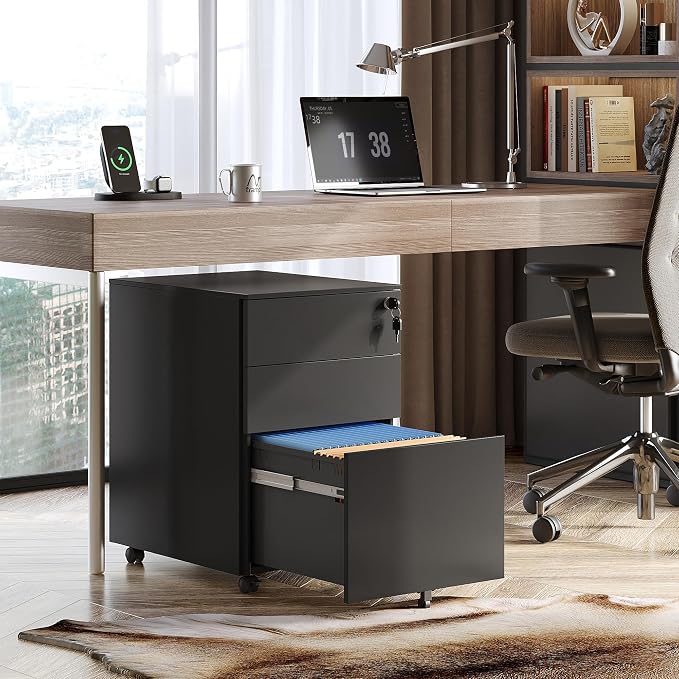 DEVAISE 3 Drawer File Cabinet with Lock, Rolling Black Filing Cabinet Organizer Under Desk, Fully Assembled Mobile Storage with Wheels & Anti-Tip Caster, for Home Office