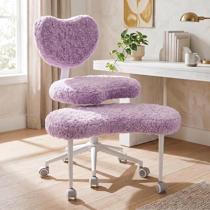 Cross Legged Office Chair with Wheels, 360 Swivel Height-Adjustable Meditation Chair with Lumbar Support, Artificial Rabbit Hair Fabric, Violet